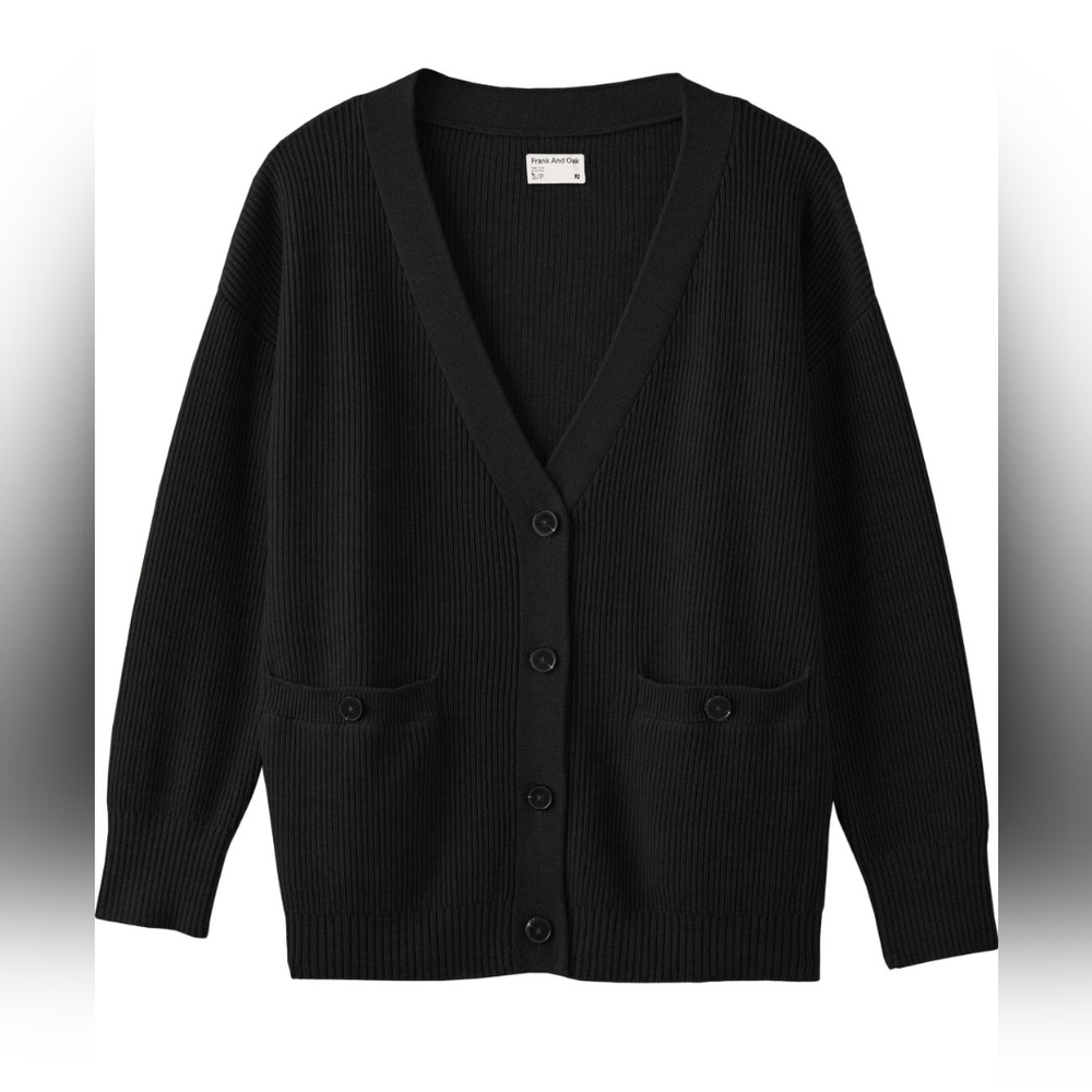 Frank & Oak 100% Cruelty-Free Black Merino Wool Cardigan Sweater